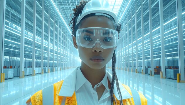 Mujer con casco, gafas de seguridad y chaleco reflectante en instalaci&oacute;n tecnol&oacute;gica