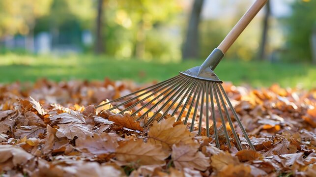 Autumn leaf raking in a garden with a metal rake, preparing for winter season