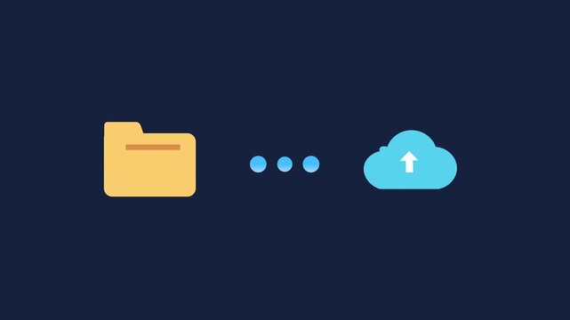 Animated cloud storage concept showing a folder connected to a cloud upload icon on a dark blue background, representing file transfer, data backup, and digital storage.