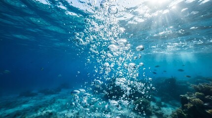 Naklejka premium Sunlight rays piercing through turquoise ocean water filled with rising air bubbles of divers.