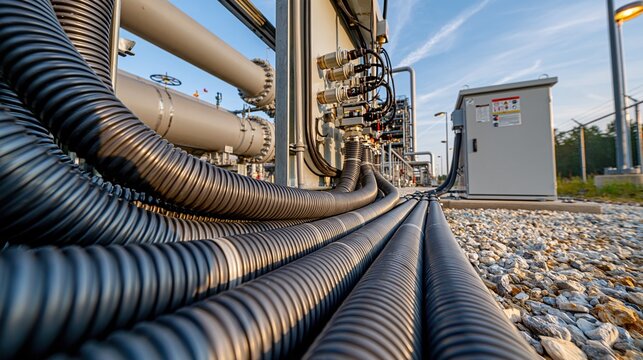 Industrial complex with large pipes and electrical conduits under a clear blue sky
