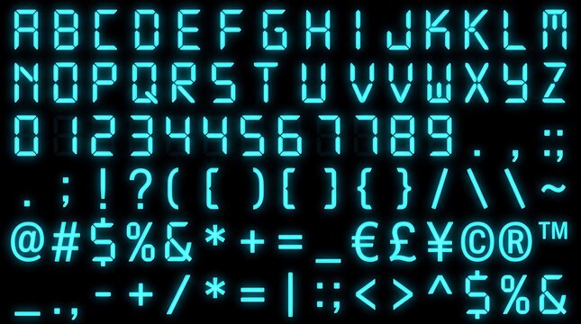 Glowing blue digital display font letters and numbers on a dark black background