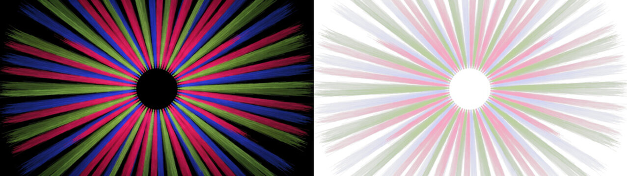 Abstract radial burst background with colorful brush stroke rays, dynamic sunburst pattern in vibrant colors on black and white split screen composition isolated on transparent background