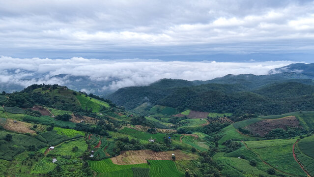 Aerial landscape view of rice terrace and wooden huts in mountains on cloudy morning