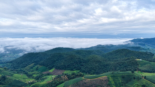 Aerial landscape view of rice terrace and wooden huts in mountains on cloudy morning