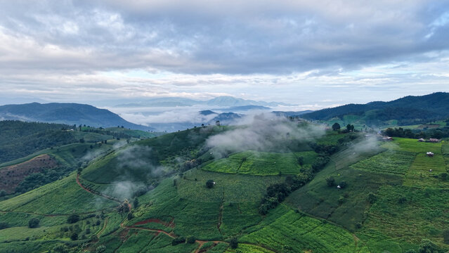 Aerial landscape view of rice terrace and wooden huts in mountains on cloudy morning