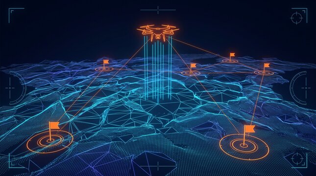 Wide angle drone remote sensing interface scanning arctic permafrost polygon matrix and thermokarst lake elevation mesh, cryogenic survey waypoints and futuristic 3D cartographic telemetry data