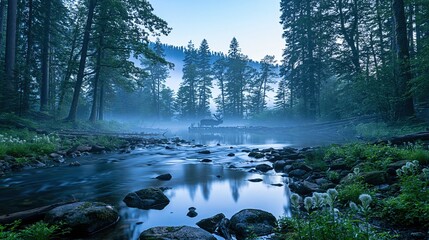 Obraz premium Misty Forest Stream Reflecting Tall Trees at Dawn, Serene Wilderness Landscape