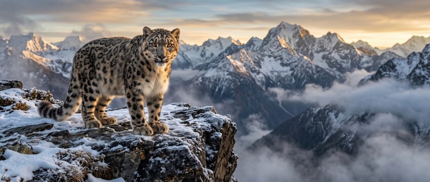 Snow leopard standing on a snowy mountain peak overlooking a vast range of jagged alpine peaks
