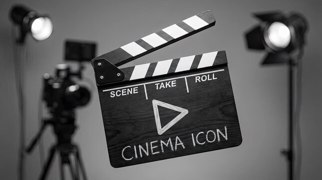 Cinema clapperboard with studio lights and camera background.