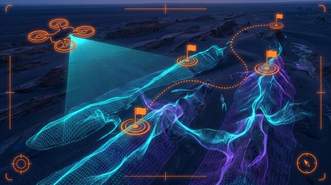 Forward tracking drone reconnaissance interface over desert yardang wind sculpted ridges and trough elevation mesh, aerodynamic survey flight paths and digital cartographic telemetry graphics
