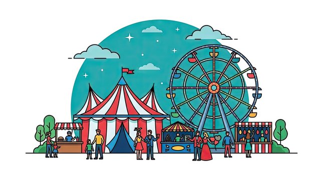 Colorful circus fairground illustration with Ferris wheel and tents.