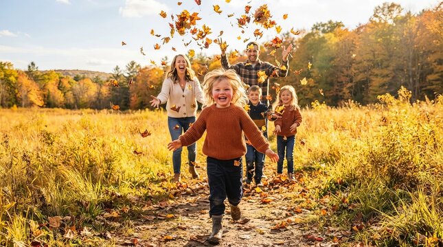 A joyful caucasian happy family playing among vibrant autumn forest scenery outdoors in cold sunset.