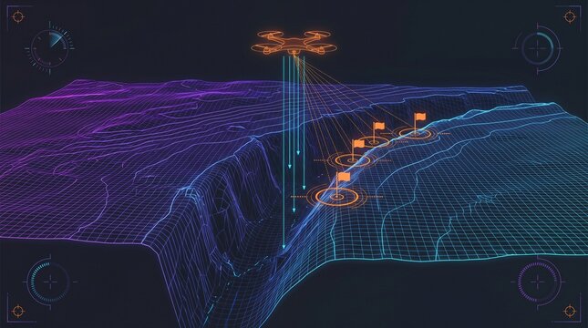 Extreme altitude drone bathymetry interface over oceanic subduction zone trench and forearc basin elevation mesh, acoustic sonar sounding vectors and futuristic deep sea cartographic telemetry