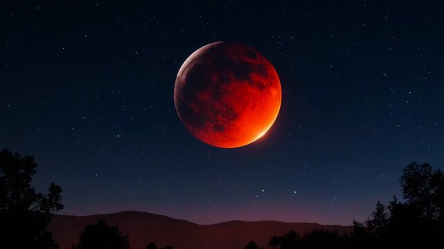 Lunar eclipse progression over silhouetted landscape during twilight atmospheric glow