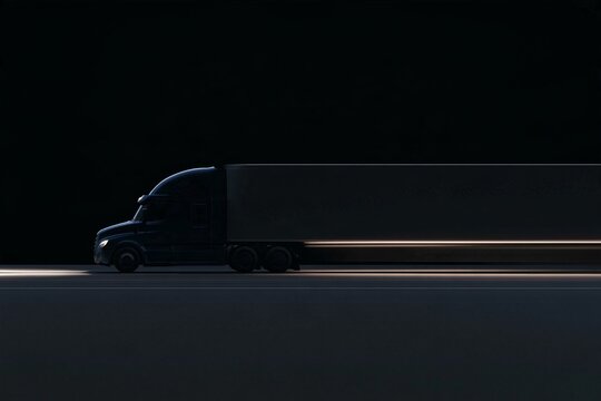 Semi truck with long trailer driving on a dark road at night