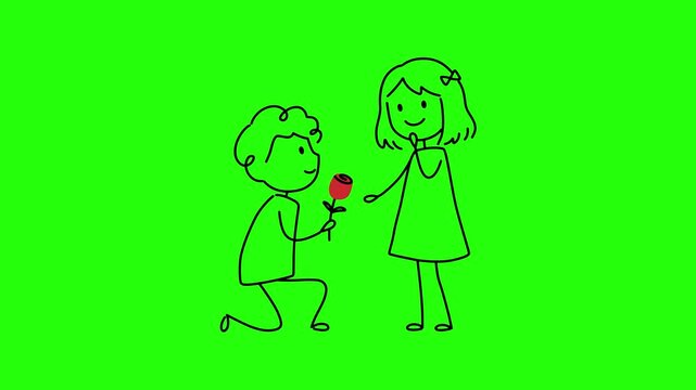 2D Animated Boy Kneeling and Offering Red Rose Flower to Girl Stick Figure Green Screen Chroma Key