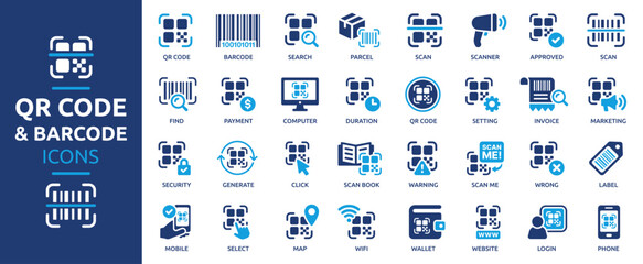 Obraz na płótnie Canvas QR Code Icon Set, Barcode, Scanning, Generate, Payment and Tracking Technology Solid Vector Icons Collection