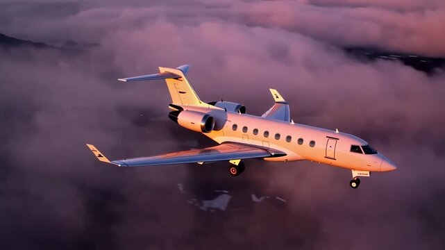 Luxury private jet ascending through clouds at sunset with cinematic motion