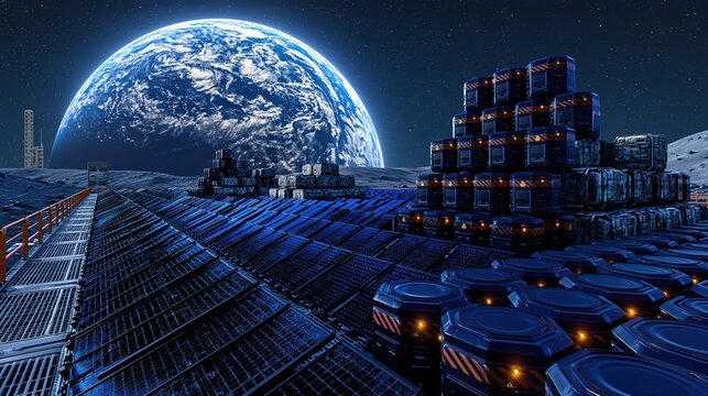 Futuristic lunar base with cargo containers and Earth in the background, representing space exploration and colonization