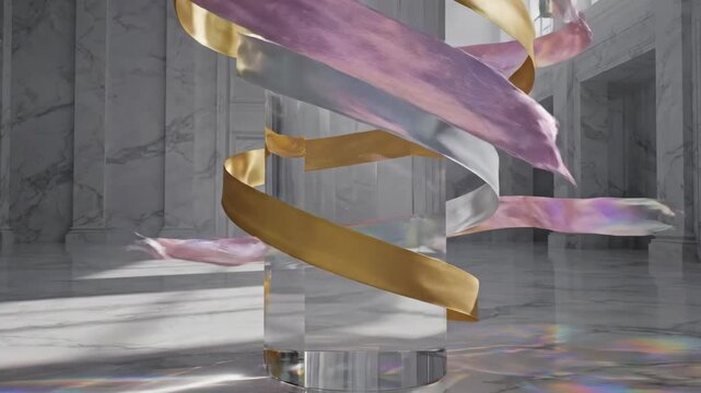 Abstract rendering of elegant spiraling ribbons around clear cylindrical pedestal in luxurious marble hall with sunlit prismatic light refractions on floor