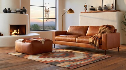 Fototapeta premium Cozy living room with a warm, inviting atmosphere, featuring a tan leather sofa, fireplace, and Southwestern-inspired decor