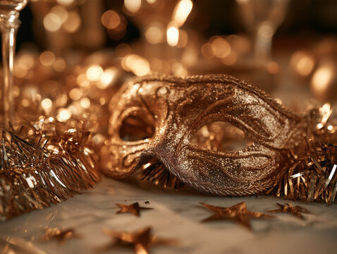 Elegant Golden Masquerade Mask with Shiny New Year Star Confetti Tinsel Garland and Warm Festive Holiday Bokeh Background

