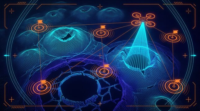 Direct nadir drone geophysical survey interface mapping cryogenic closed system pingo ice dome and permafrost heave matrix elevation mesh, arctic survey lines and digital 3D cartography data