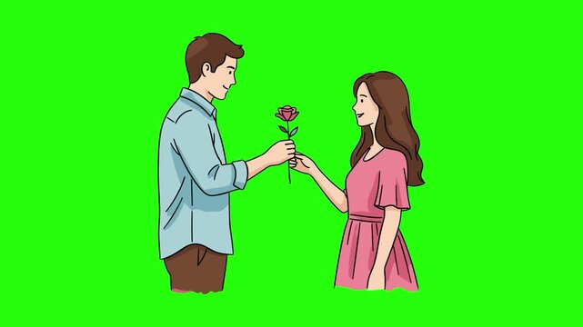 2D Animated Man Giving Red Rose Flower to Woman Line Art Animation Green Screen