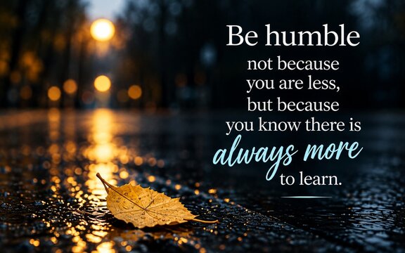 Inspirational humility quote about lifelong learning, shown with a fallen leaf on a reflective wet street under warm evening lights.