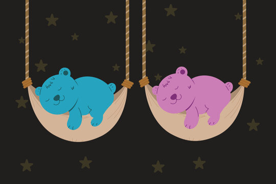 vector illustration of a cartoon blue bear and pink bear on hammock