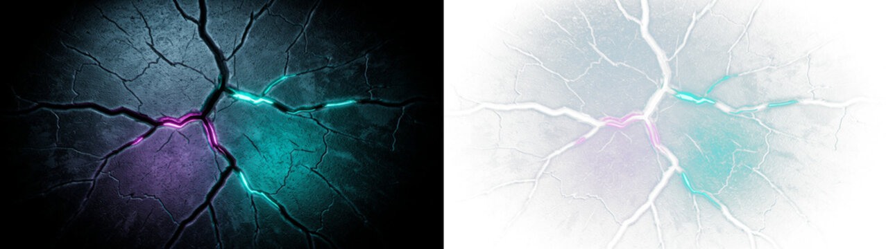 Abstract cracked stone texture with glowing neon light cracks in cyan and purple colors, split view with dark and transparent background versions