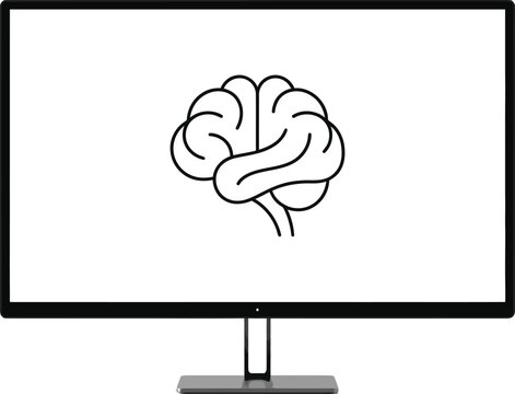 Computer monitor displaying a digital brain icon on white screen.