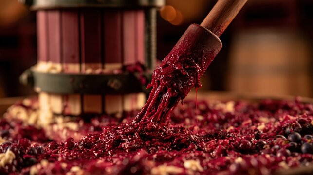 Close-up of crushed grapes and juice being extracted in traditional wine making process
