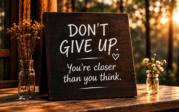 Encouraging quote about perseverance and not giving up because success may be closer than expected, written on a chalkboard in a warm workspace.