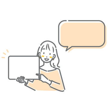 無地のボードを見せる若い女性　シンプルでお洒落な線画イラスト