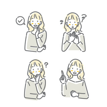 若い女性の表情イラストセット　シンプルでお洒落な線画イラスト