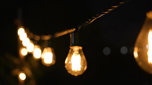 String lights with vintage Edison style bulbs provide warm inviting glow for festive outdoor decoration at night creating cozy charming ambiance and atmosphere
