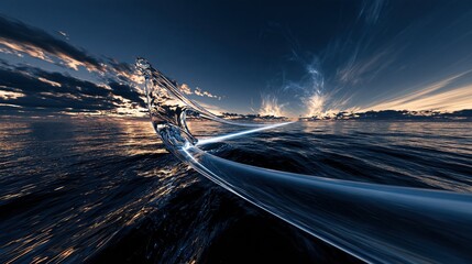 Obraz premium Futuristic abstract seascape with glowing energy pathway over ocean at dusk