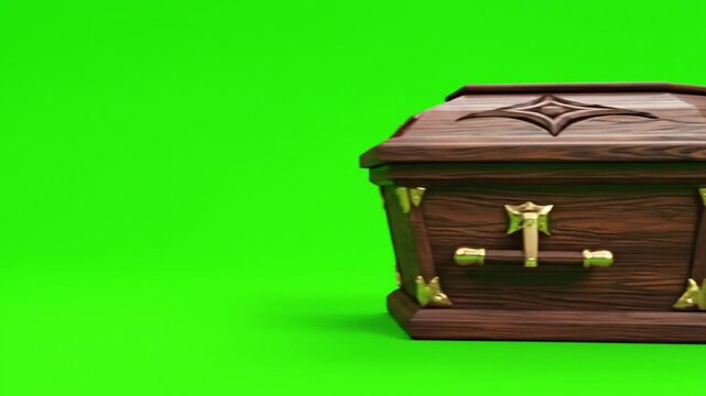 Wooden casket with gilded hardware spins and disappears on a vibrant green background