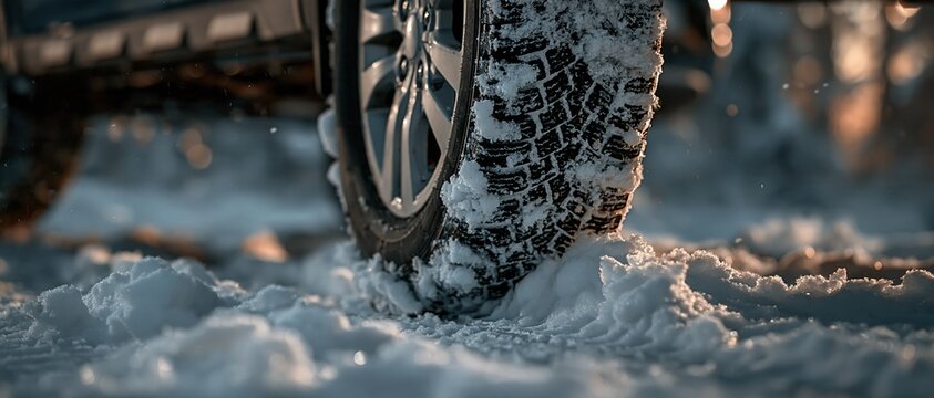 Close-up of a car tire gripping snow-covered ground during winter driving for traction and safety