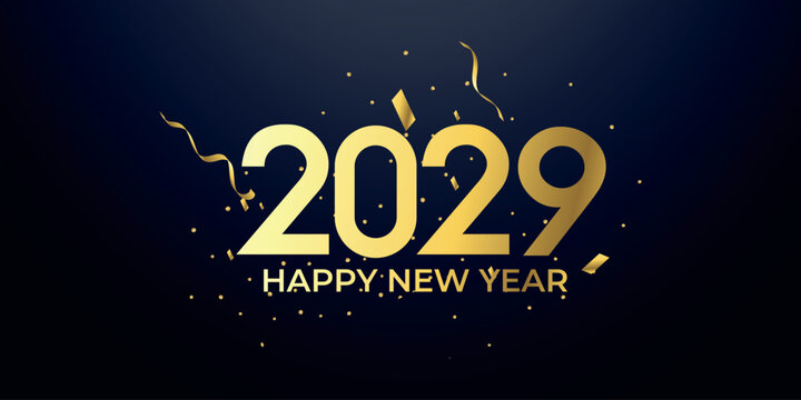 Elegant golden design for a happy new year two thousand twenty nine celebration with sparkling abstract lights on a dark background