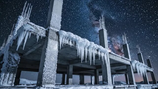 Unfinished concrete building structure with pillars and exposed rebar, covered in thick snow and sharp icicles, set against a breathtaking dark night sky filled with countless bright stars and Milky W