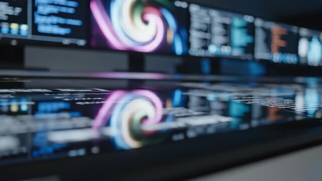 Multiple computer screens displaying abstract data visualizations, complex coding sequences, and dynamic information in modern high-tech control room environment, reflection on glossy surface