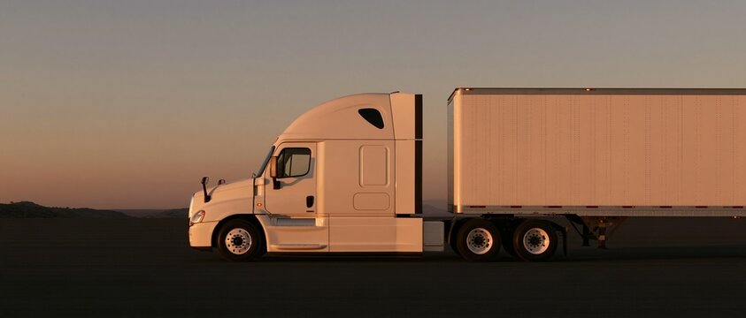 Freight truck with box trailer on road at sunset