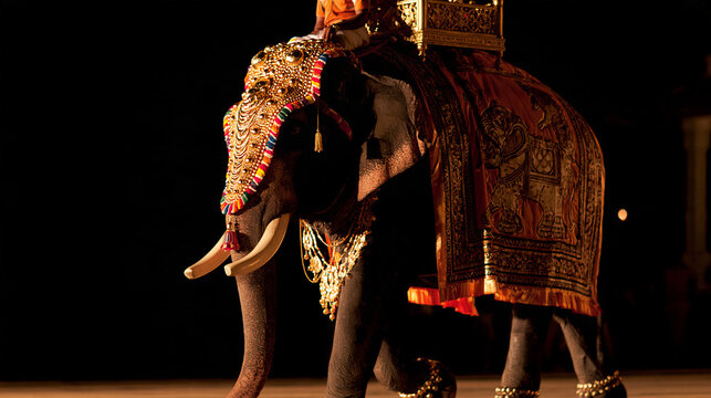 Decorated ceremonial elephant adorned with golden ornaments at a nighttime cultural festival, with copy space