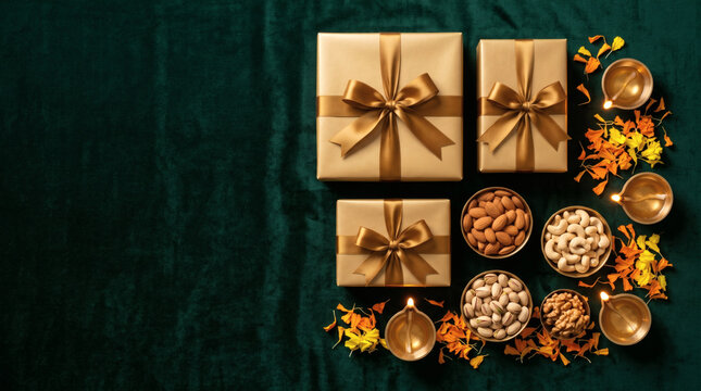 Premium Diwali gift hamper flat lay with unbranded gold gift boxes, dry fruits, and diya lamps on emerald green velvet.