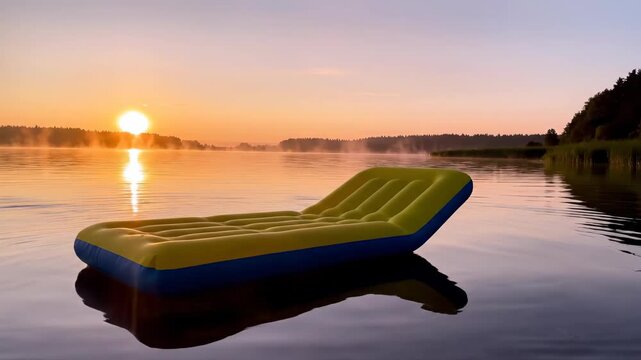 Inflatable yellow and blue air mattress floating on calm water of lake at scenic sunrise, golden light reflecting on water surface, distant forest silhouette and morning mist creating serene atmospher