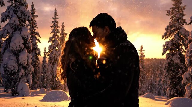 Silhouette of loving couple embracing in snowy winter forest landscape at golden hour sunset, romantic moment between man and woman with falling snow and bright sun flare