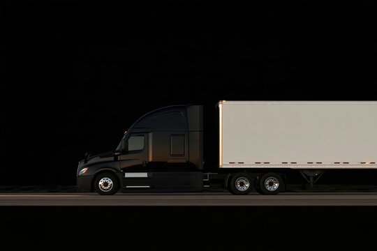 Black semi truck with white trailer against dark background